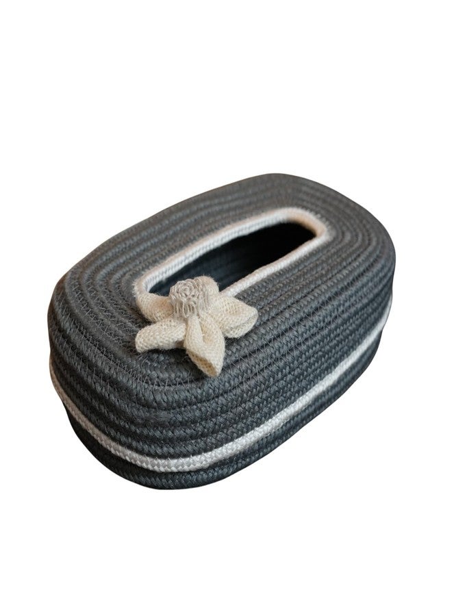 Ariya Cotton Blend Oval Tissue Box Holder | Grey Colour with White Line & Flower | 3 x 11.7 inch | Holds 100 Pulls | Handcrafted for Home, Office, Car & Desk | Dining & Living Room Decor - Image 1